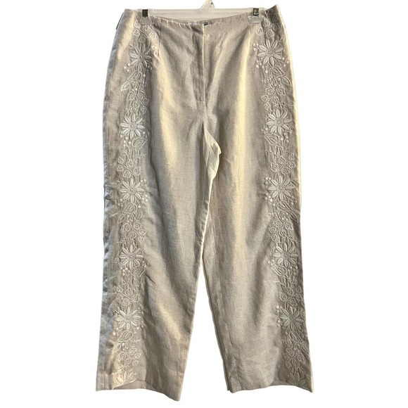 Talbots Collection Linen Floral Embroidered Pants Size 8 - Picture 1 of 6